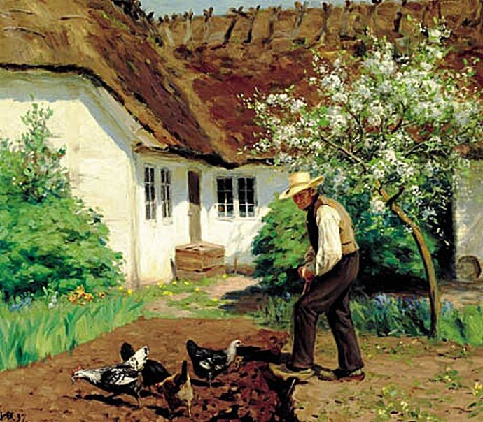 Digging the garden in springtime. Oil Painting by H. A. Brendekilde