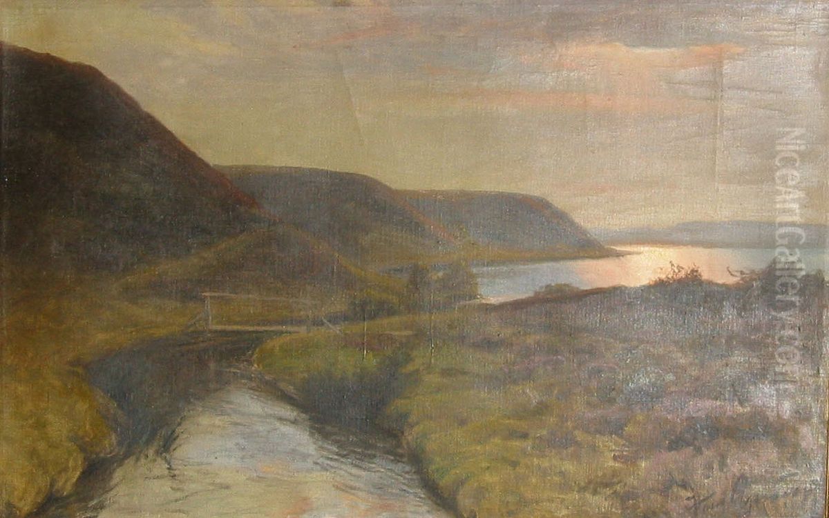 View of a hilly landscape near an inlet. Oil Painting by Hans Agersnap