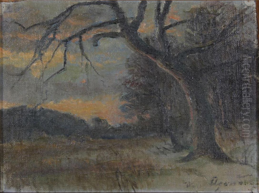 Winter landscape at sunset. Oil Painting by Hans Agersnap