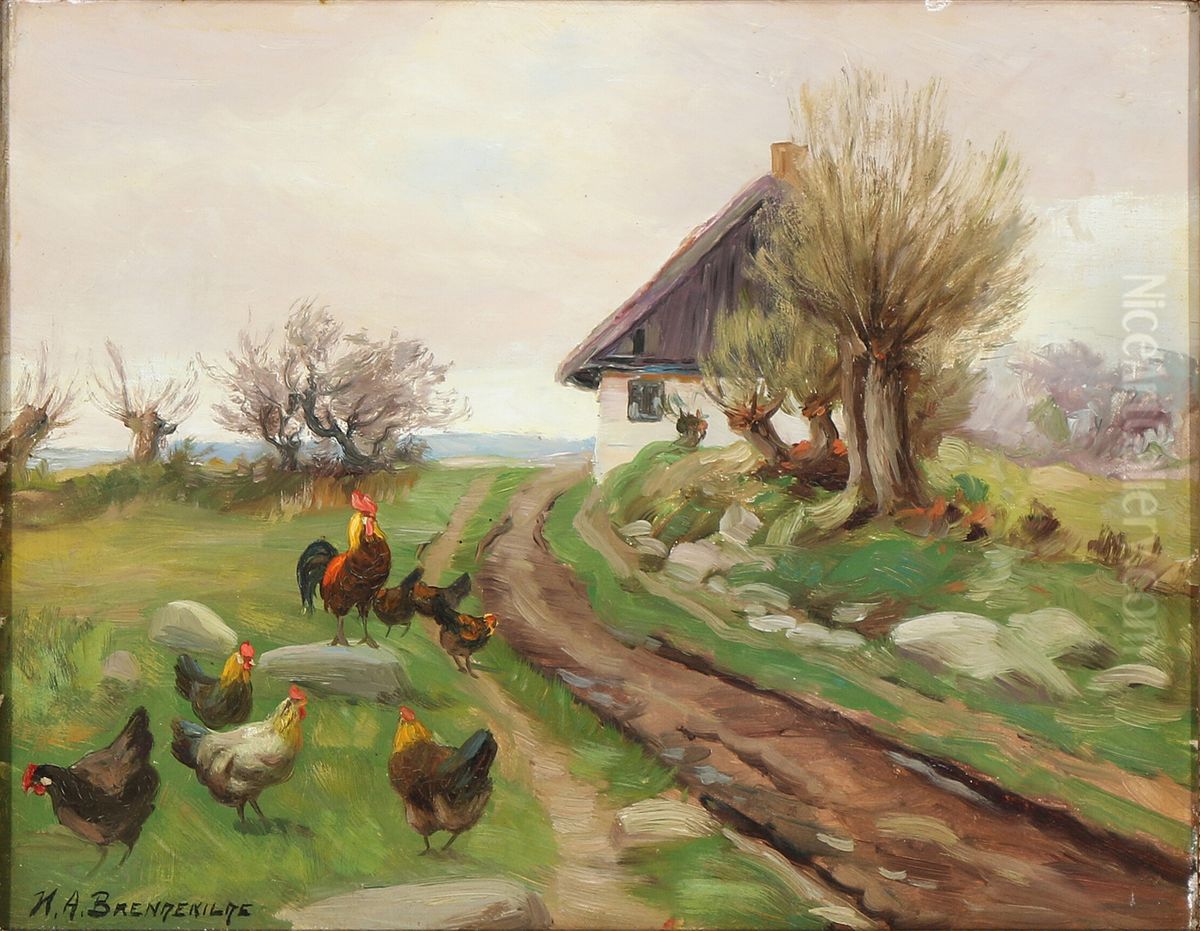 Farmhouse exterior with chickens Oil Painting by H. A. Brendekilde