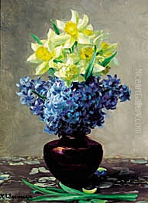 Lent lilies and hyacinths in a jar. Oil Painting by H. A. Brendekilde