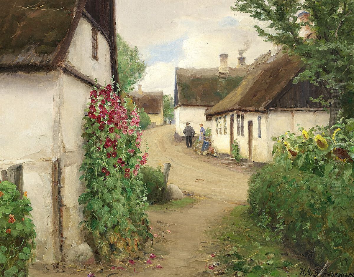 Summer day in a village with sunflowers and red hollyhocks. Oil Painting by H. A. Brendekilde