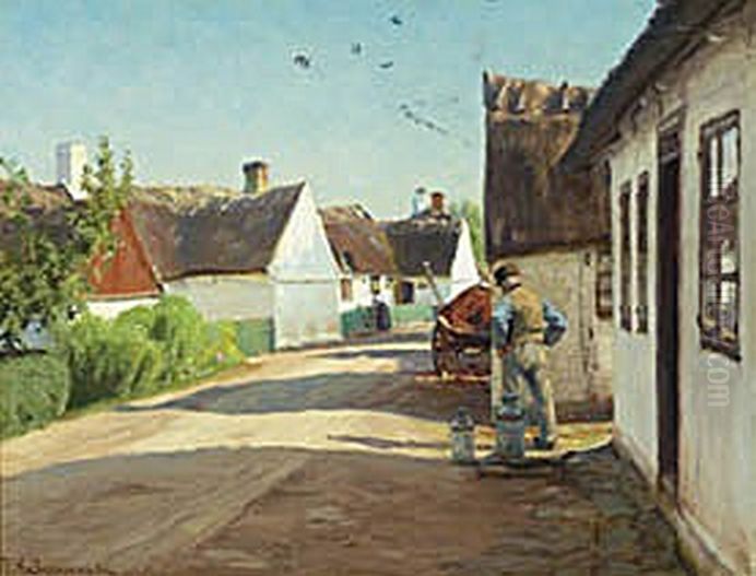 A summer day in a village with a man standing near some milk cans. Oil Painting by H. A. Brendekilde