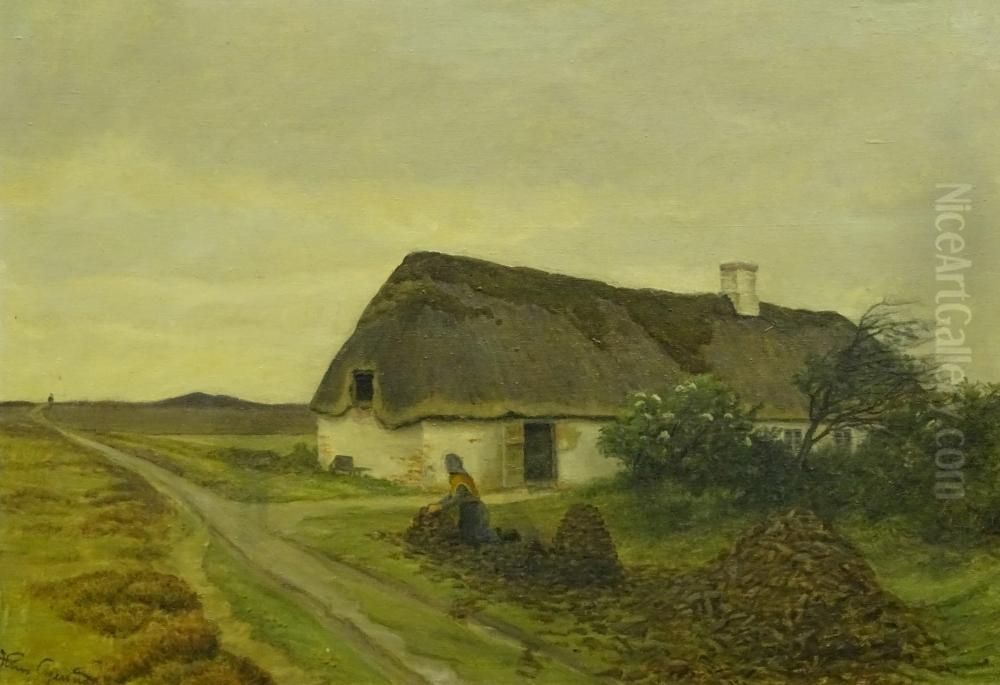 Country landscape with figures and thatched cottage. Oil Painting by Hans Agersnap