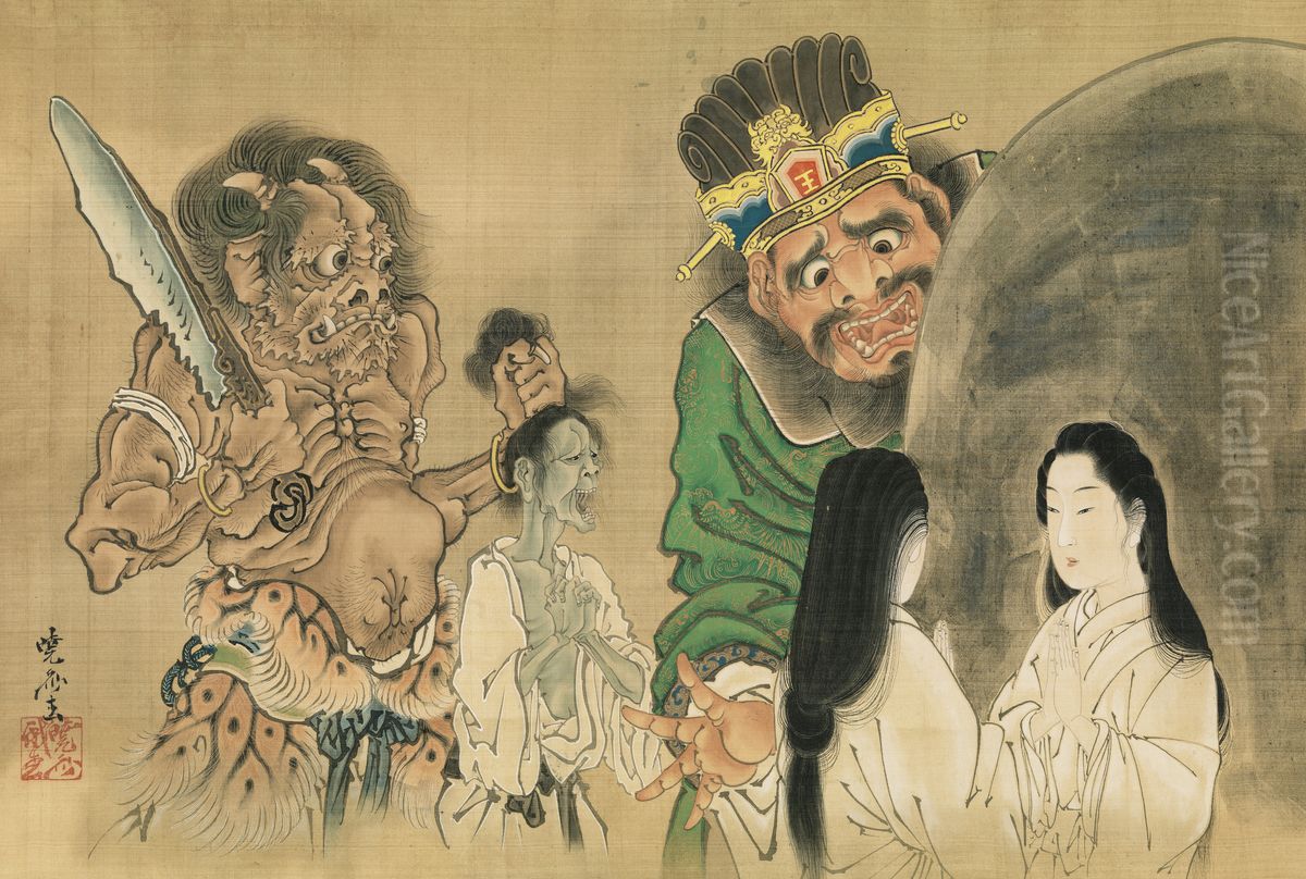 A Beauty in Front of King Enma's Mirror Oil Painting by Kawanabe Kyosai