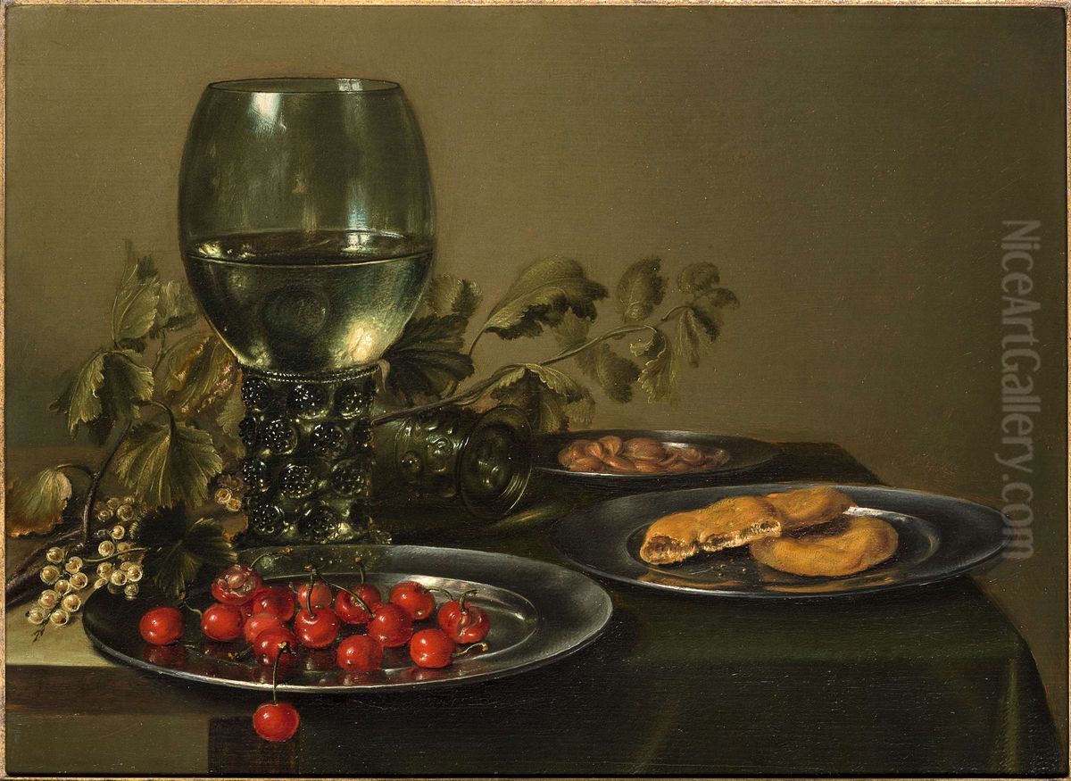 Still Life with a Roemer Cherries and Biscuits Oil Painting by Kunsthandel P. de Boer