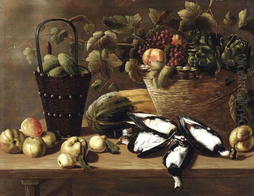 Apples, pears, a melon, a bucket with gherkins and a basket with grapes, peaches and artichokes, all on a wooden table with four lapwings Oil Painting by Johannes Kuveenis