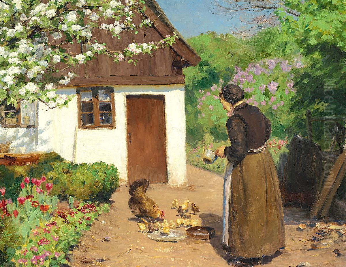 A woman feeding hens in front of a white chalked farmhouse on an summer day. Oil Painting by H. A. Brendekilde