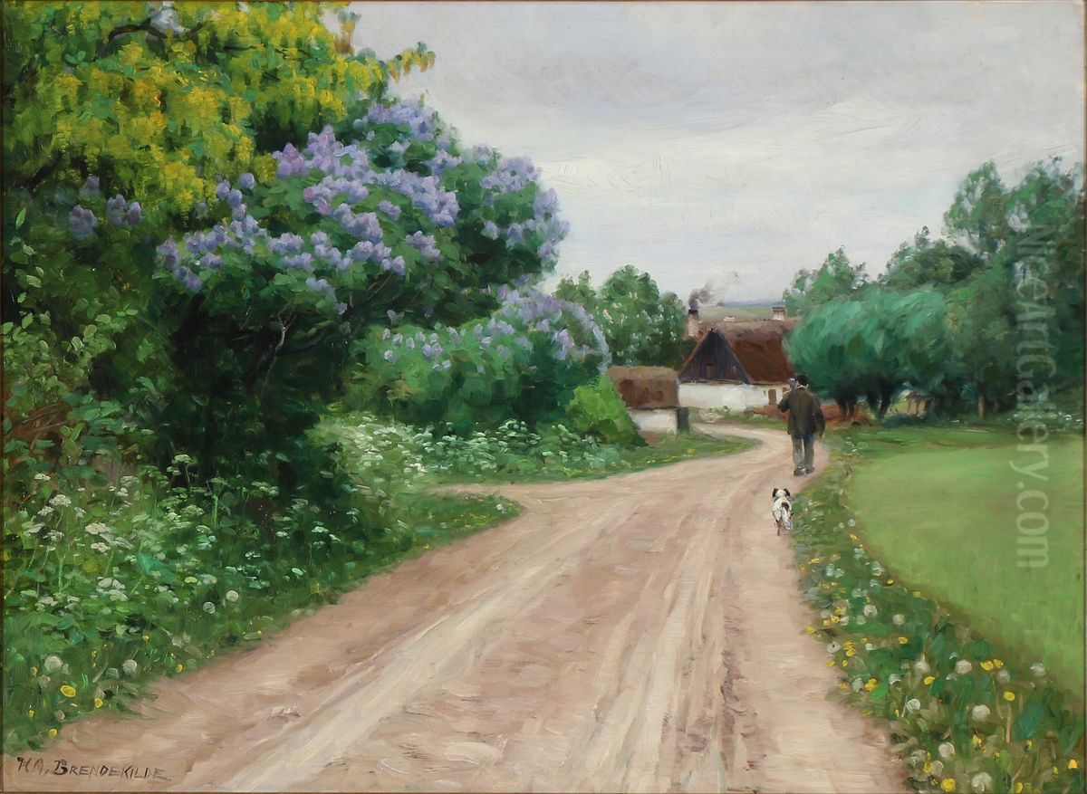Country road with flowering lilacs and golden rains Oil Painting by H. A. Brendekilde