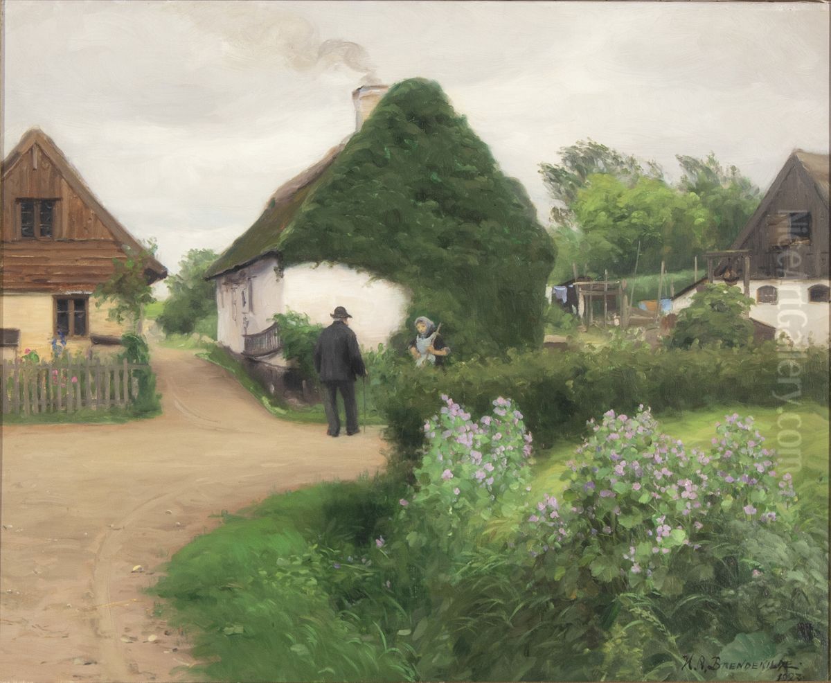 Scenery from a village with persons in conversation Oil Painting by H. A. Brendekilde