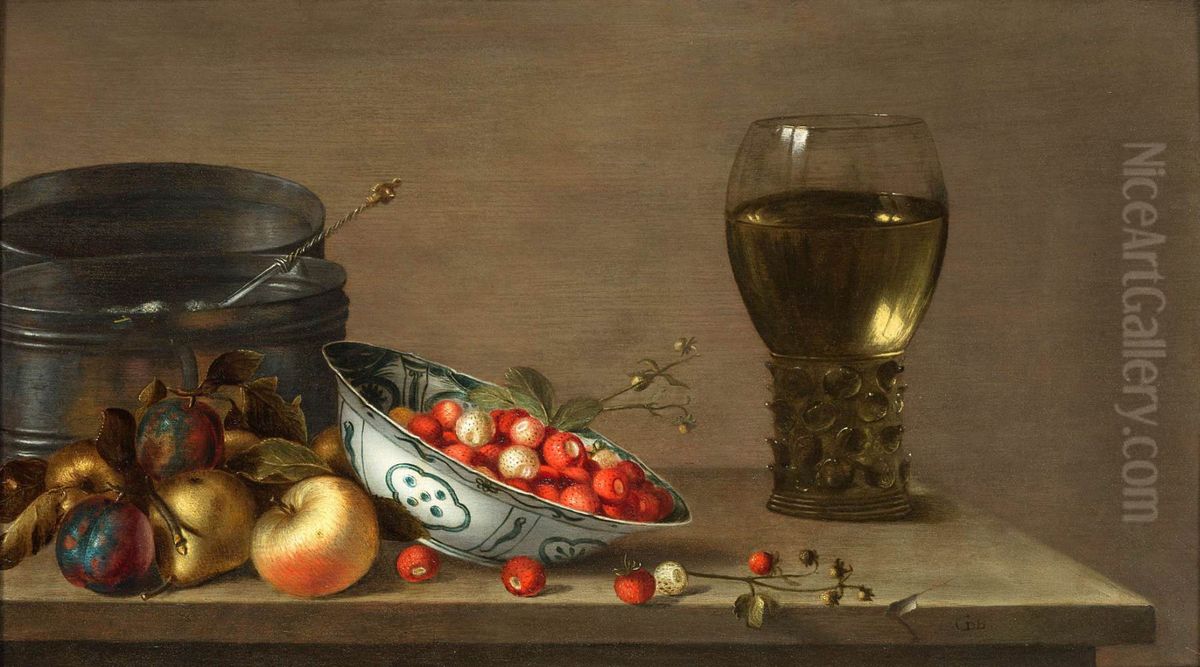 Still life with apples, strawberries, a can and a Rummer Oil Painting by Gillis Gillisz. de Bergh