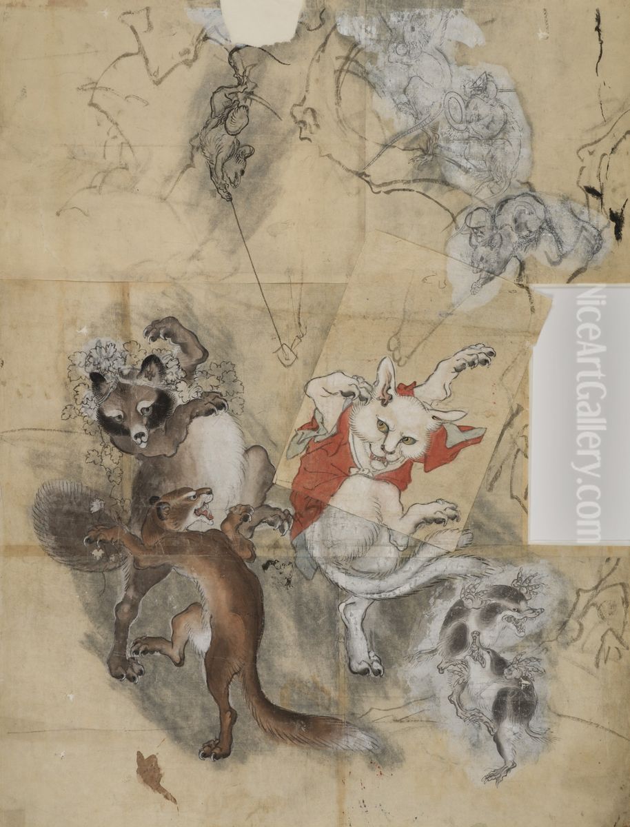 Frolicking Animals, Nekomata and Tanuki Badger Oil Painting by Kawanabe Kyosai