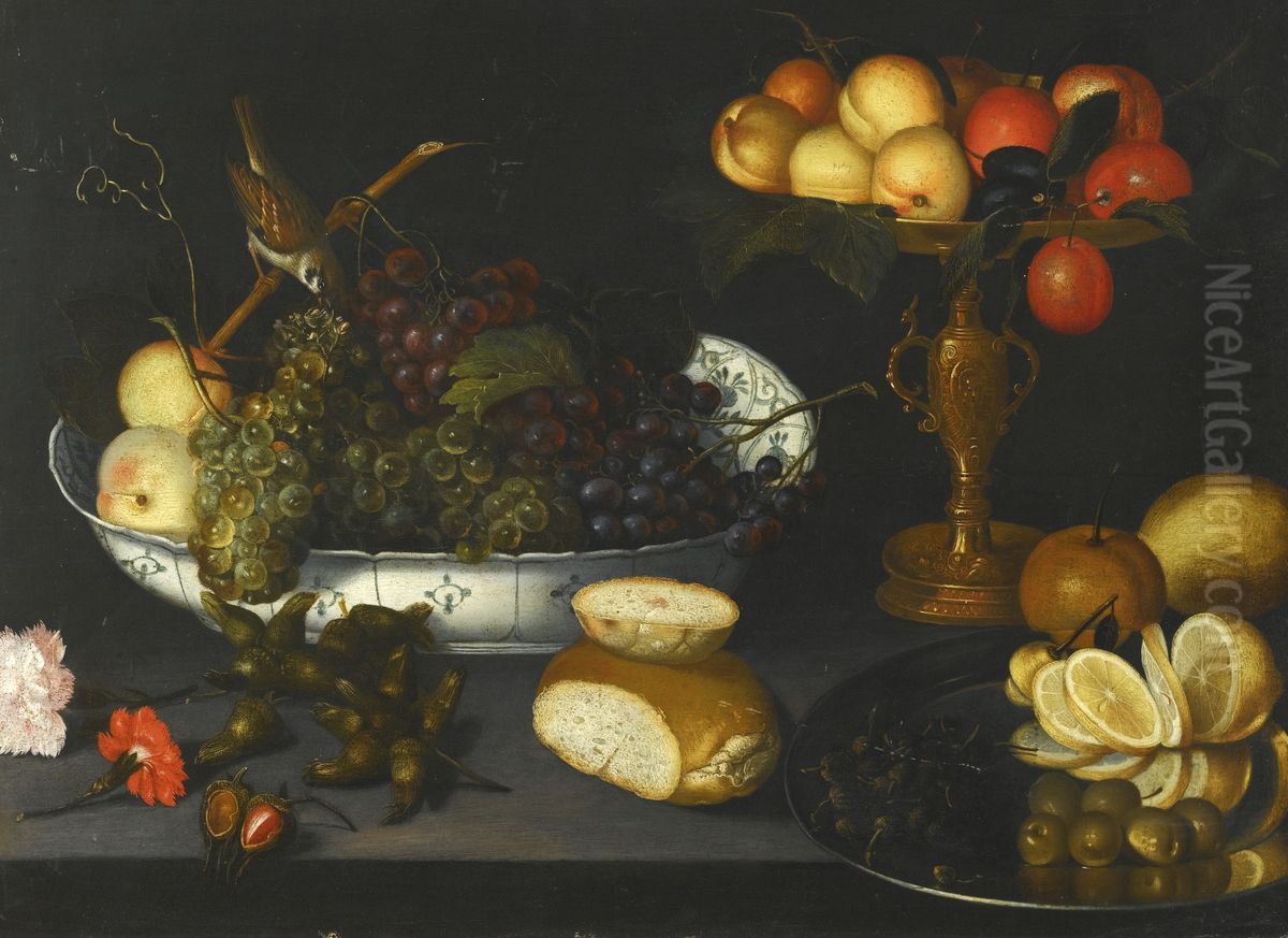 Still-life with grapes in a porcelain bowl, fruie in a gilt tazza and other objects Oil Painting by Francesco Codino