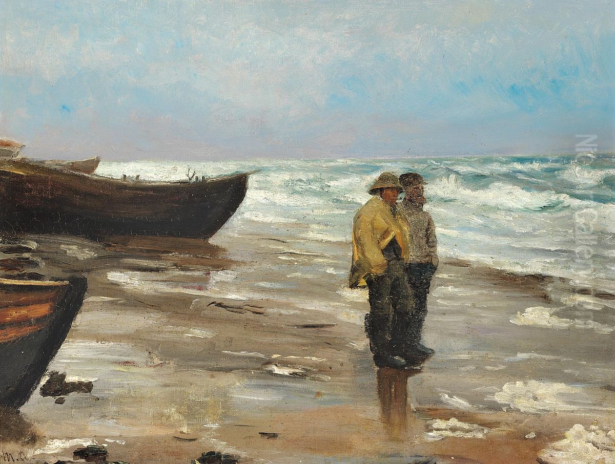 Fishermen on a beach with their boats. Oil Painting by Michael Peter Ancher