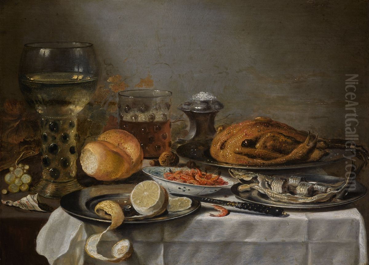 Still life with a rummer, herring and a roast chicken Oil Painting by Pieter Claesz