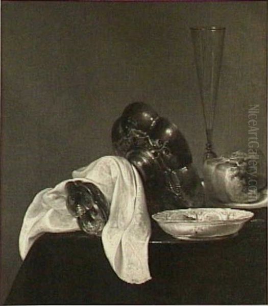 Stilleven met tazza, porselein, fluitglas en een broodje Oil Painting by Jan Treck