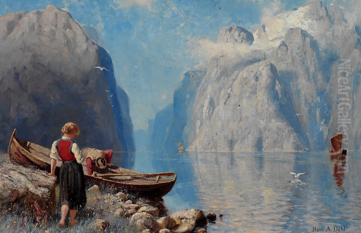 Norsk fjordlandskap Oil Painting by Hans Andreas Dahl