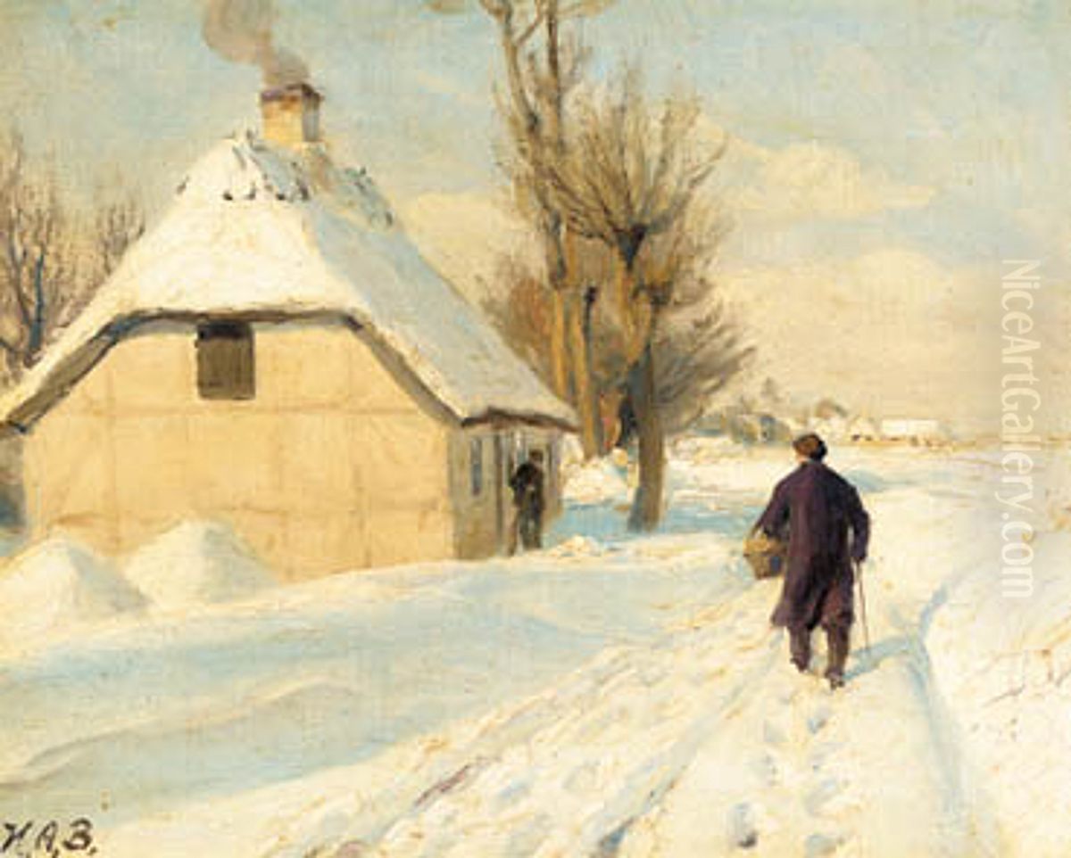 Winter day near a thatched house. A man is walking by on the snow covered road. Oil Painting by H. A. Brendekilde