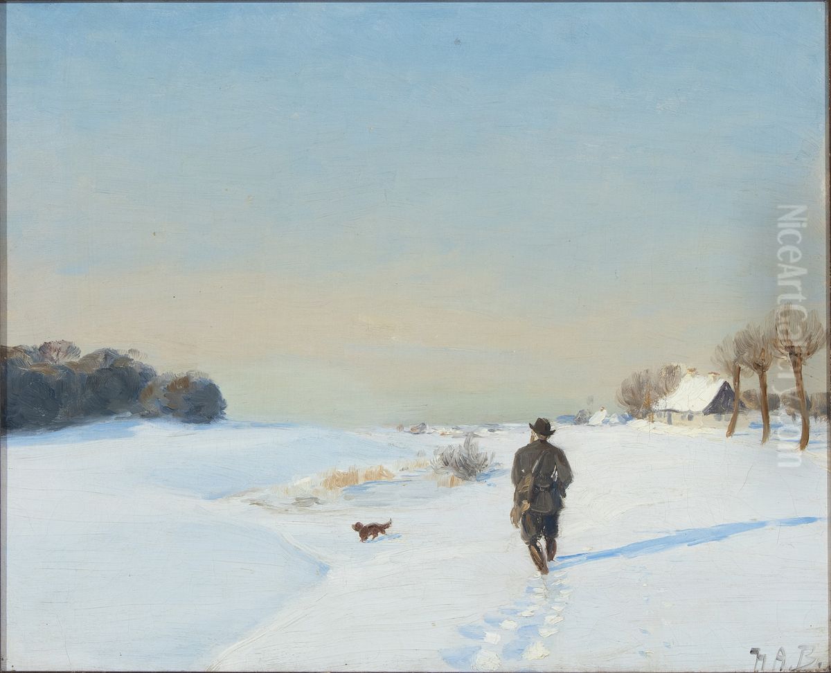 Winter landscape with a hunter and his dog on a sunny day Oil Painting by H. A. Brendekilde