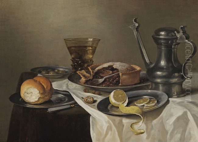 Still Life of a meal with a fruit pie and a Jan Steen jug on a draped tabletop Oil Painting by Pieter Claesz