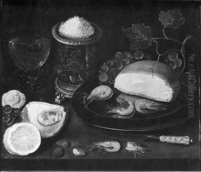Still life with oyster, shrimps, a salt cellar, a bread roll, and a lemon Oil Painting by Clara Peeters