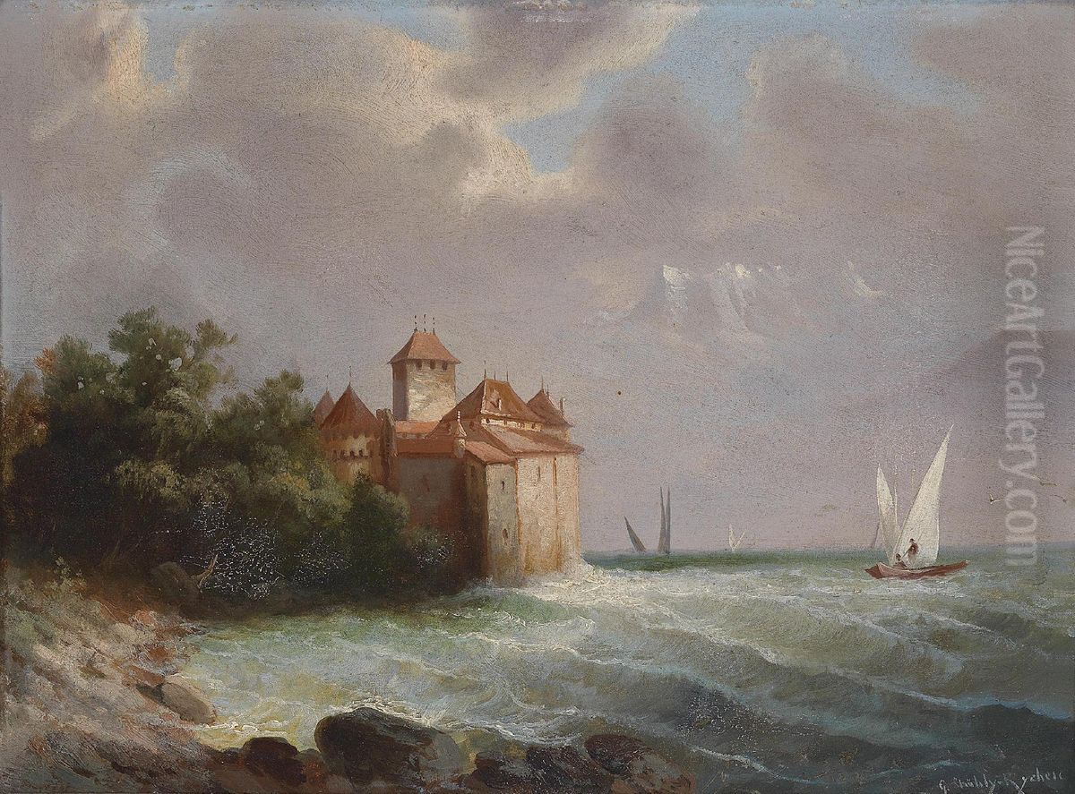 Blick auf Schloss Chillon am Genfersee Oil Painting by Hubert Sattler