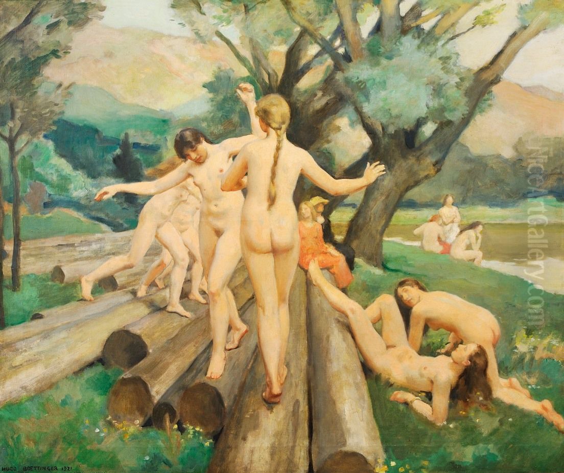 On the Logs Oil Painting by Hugo Boettinger