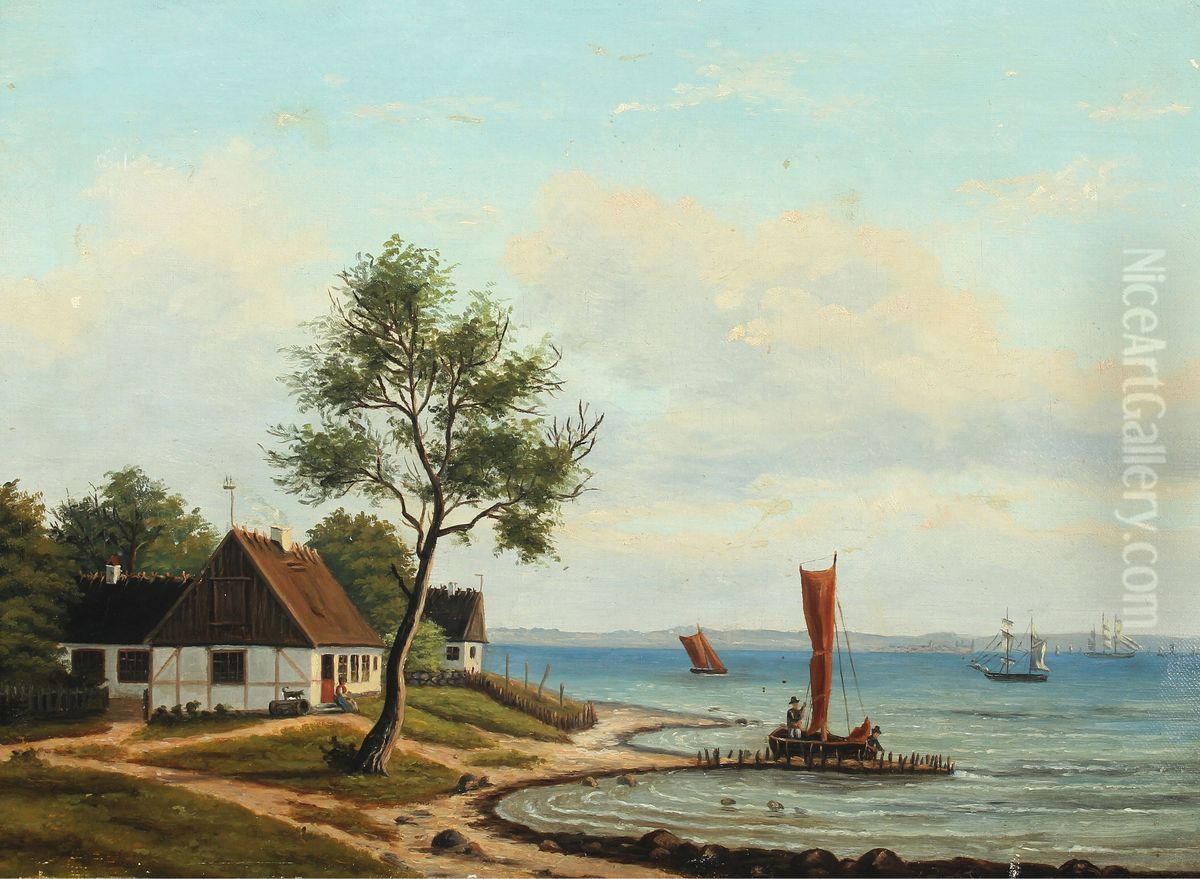 Coastal scenery with a farm and ships at the sea Oil Painting by F.C. Kiaerskou