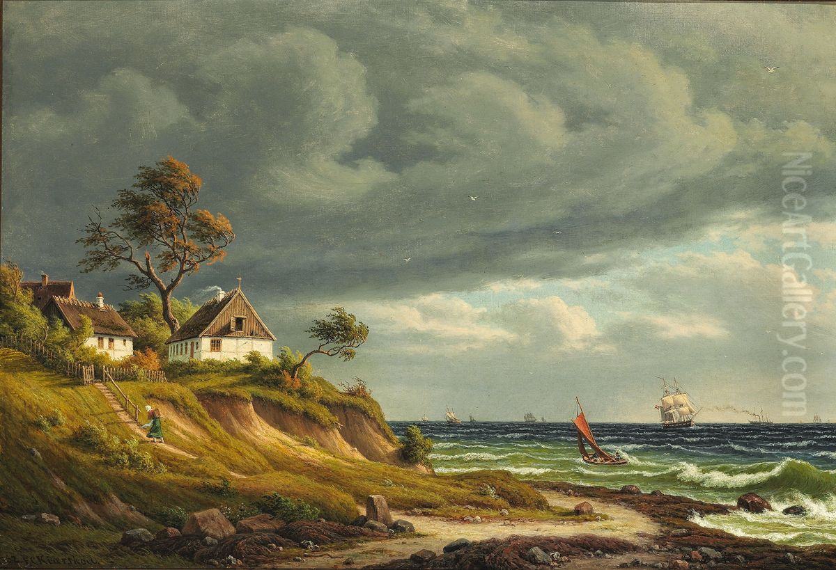 View of the fishing village Sletten. Brisk gale Oil Painting by F.C. Kiaerskou