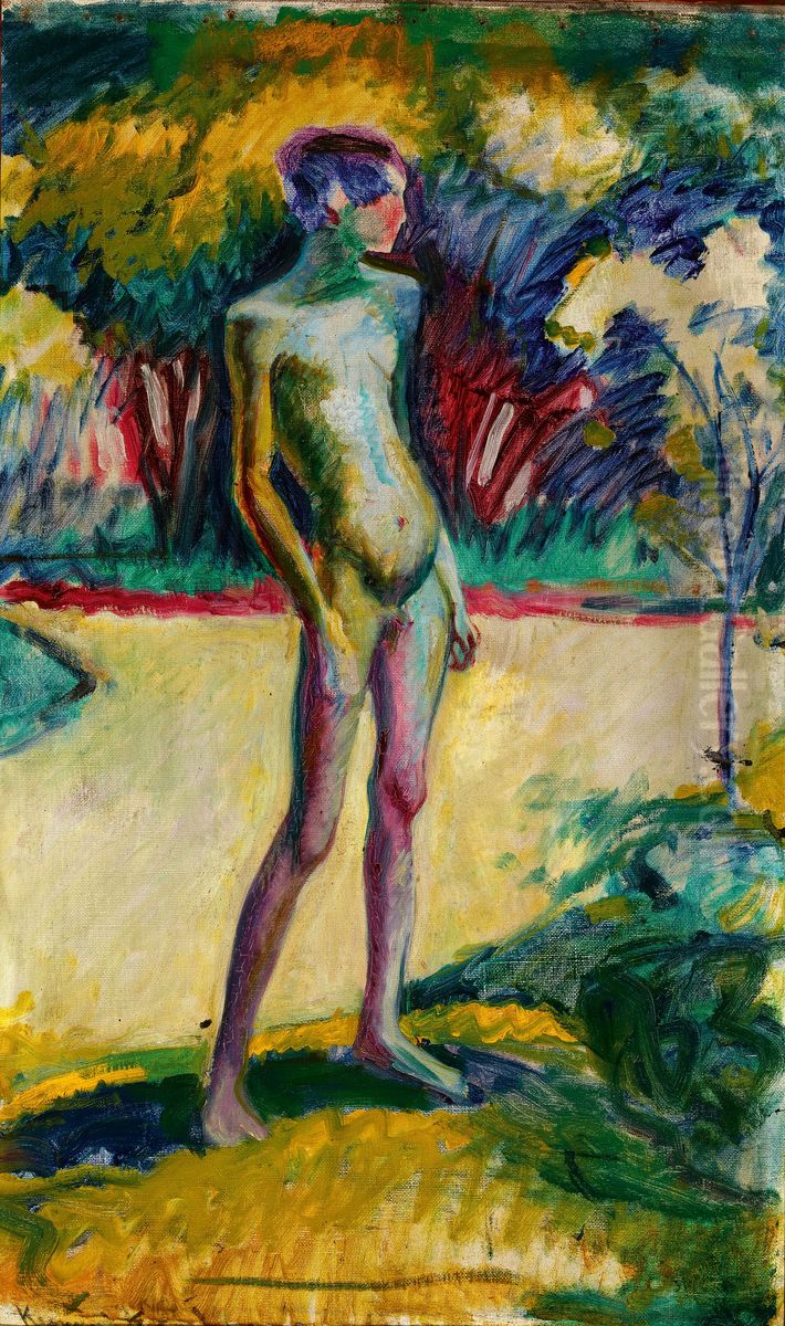 Nude Boy in the garden of Nyerges Oil Painting by Karoly Kernstok