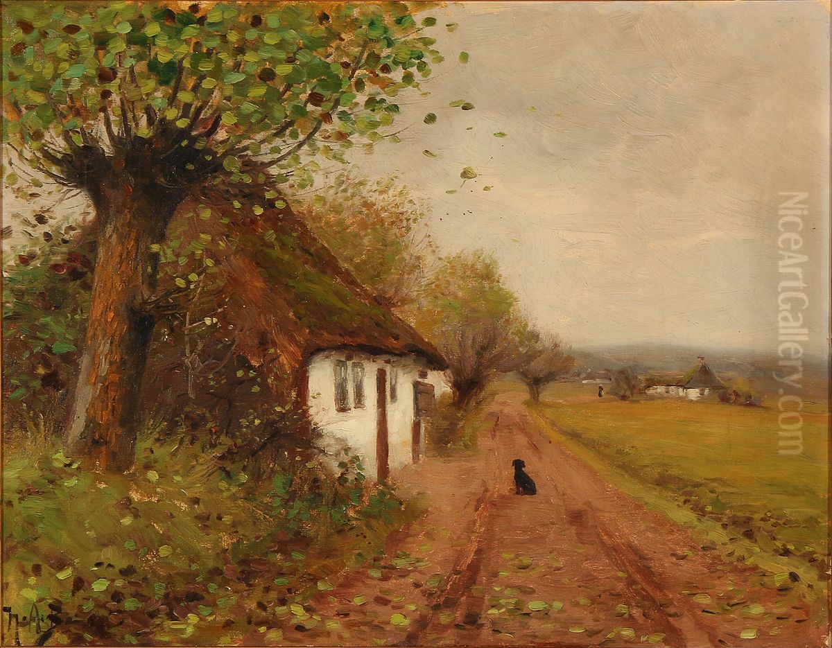 Landscape with a dog waiting on a country road Oil Painting by H. A. Brendekilde
