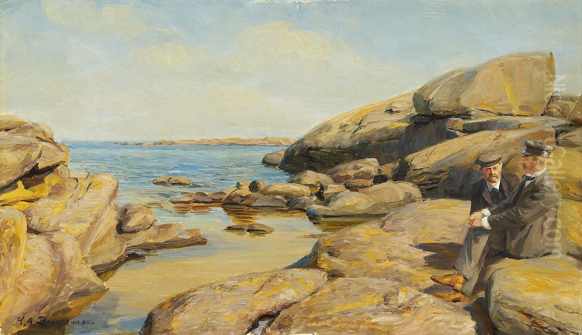 Two men at a beach on Bornholm. Oil Painting by H. A. Brendekilde