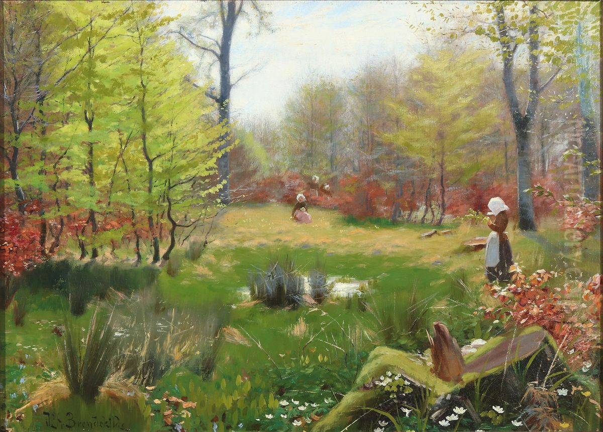 Young girls picking anemones in a spring forest Oil Painting by H. A. Brendekilde