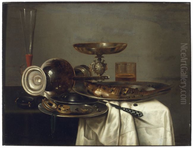 Still life with jug, tazza and fish Oil Painting by Cornelis Mahu