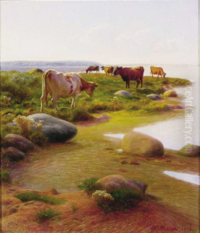 Cows crazing at an inlet. Oil Painting by Hans Ole Brasen