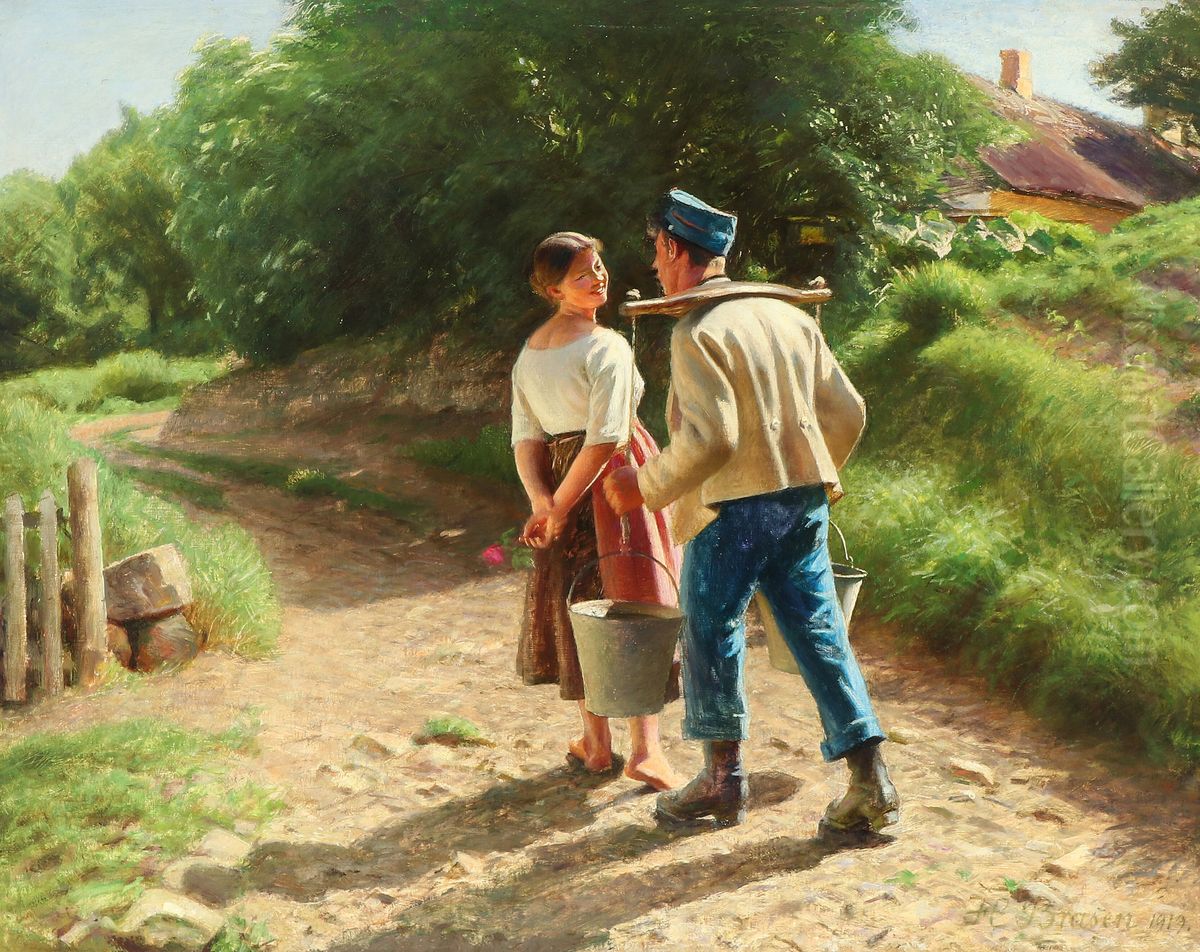 The chat continues Oil Painting by Hans Ole Brasen