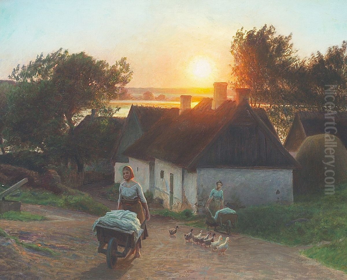 Taking out the washing on an early morning at a thatched farm. Oil Painting by Hans Ole Brasen