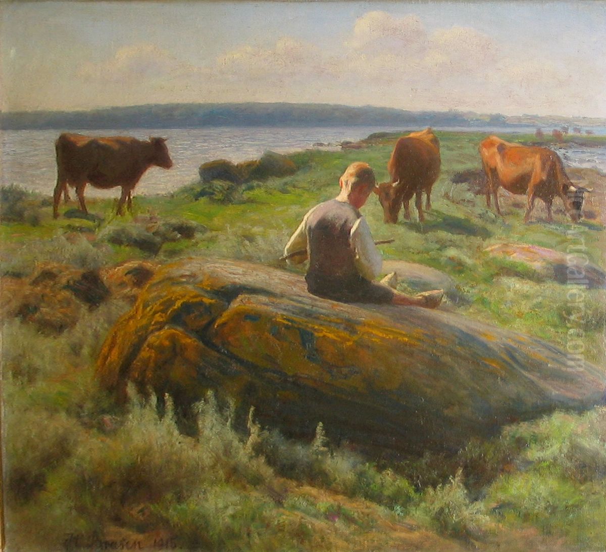 Boy with cows on a meadow. Oil Painting by Hans Ole Brasen
