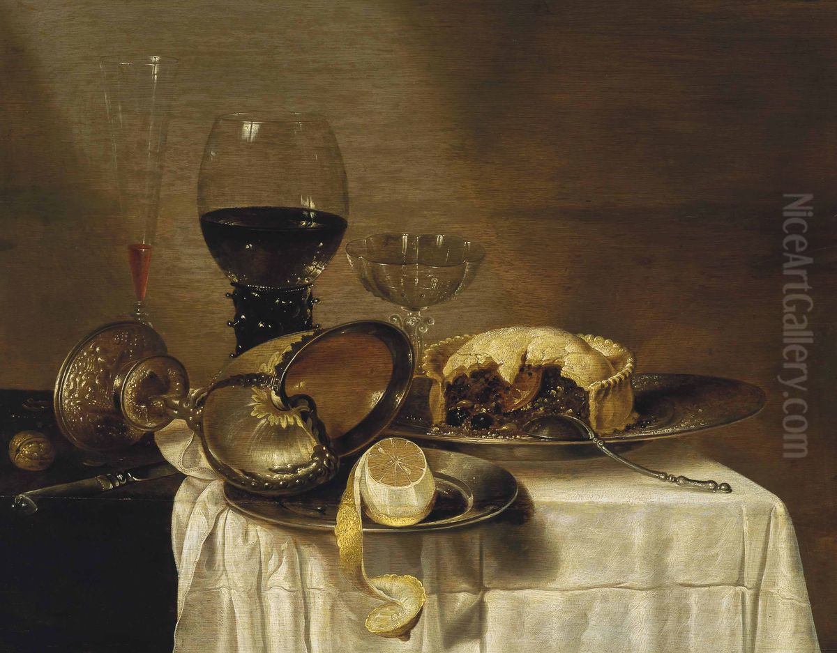 Still life with nautilus cup, pewter plate with lemon, whine glass and Venetian dish with meat pie Oil Painting by Willem Claesz. Heda