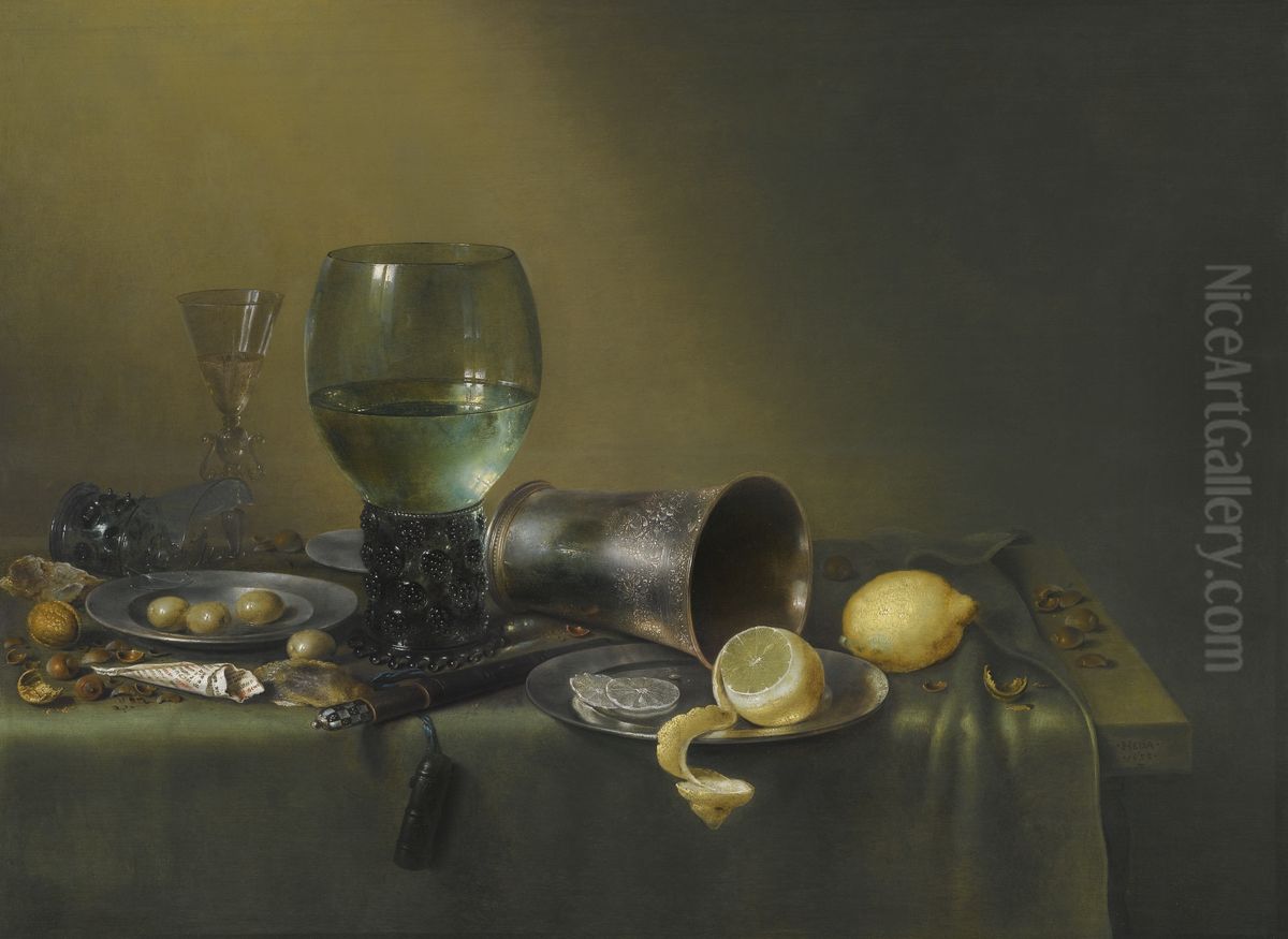 Still Life with Overturned Silver Beaker Oil Painting by Willem Claesz. Heda