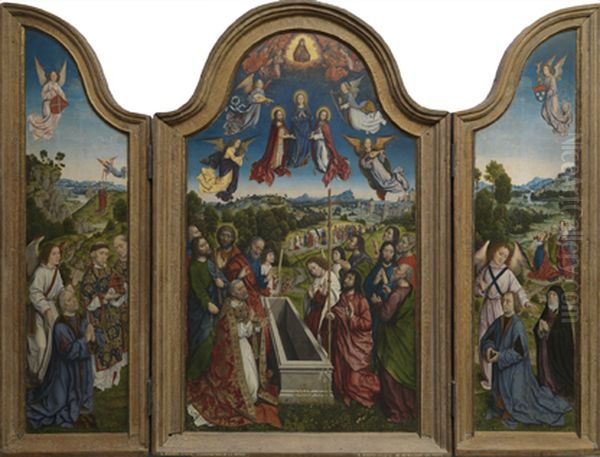 Schenker met een engel en heiligen in een landschap (binnenzijde linkerluik), de tenhemelopneming van Maria (middenpaneel), Albrecht Bouts en zijn tweede echtegenote met engel in een landschap (binnenzijde rechterluik) Oil Painting by Aelbrecht Bouts