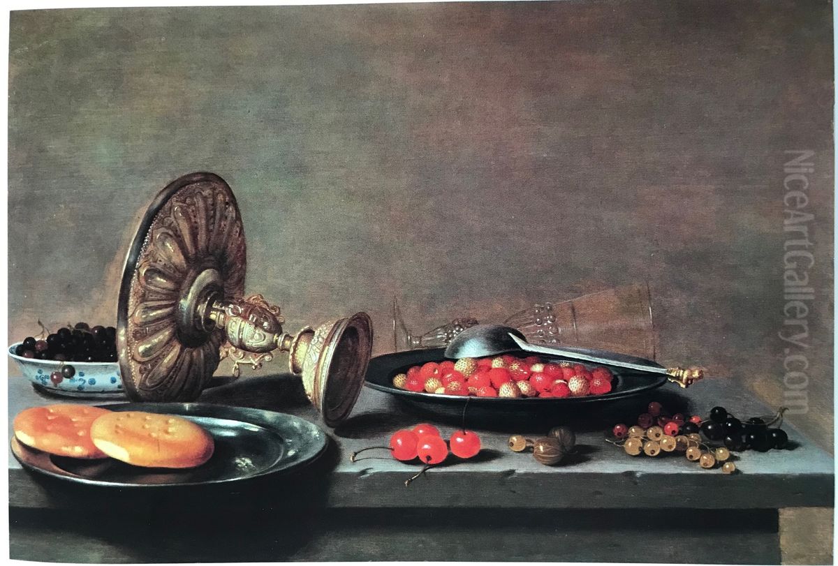 Still life with tazza, biscuits, berries with spoon, and fallen wine glass Oil Painting by Johannes Kuveenis