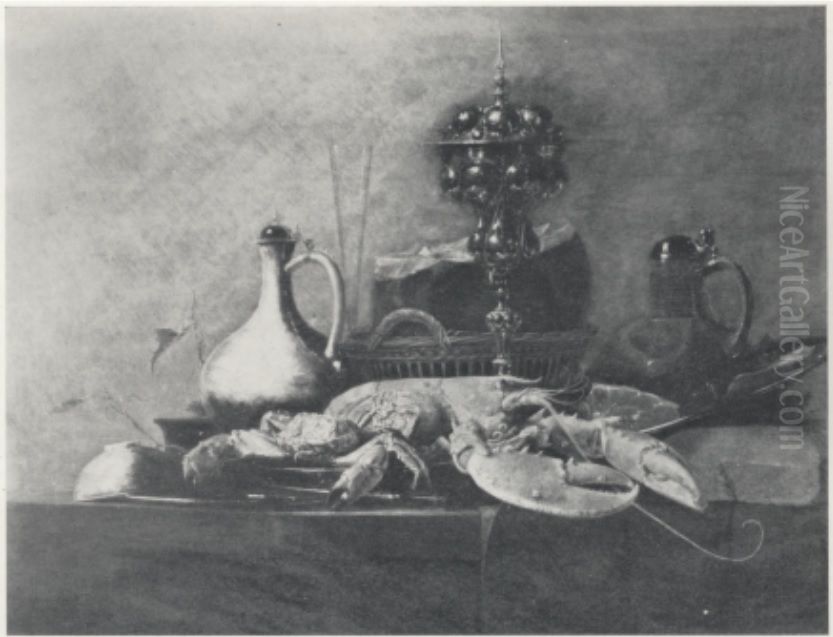 Still life with columbine cup, stone ware jug and lobster Oil Painting by Francois Ryckhals