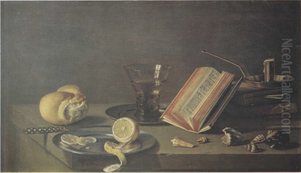 Still life with berkemeyer, lemon, oyster and bread accompanied by a book and candle Oil Painting by Pieter Claesz