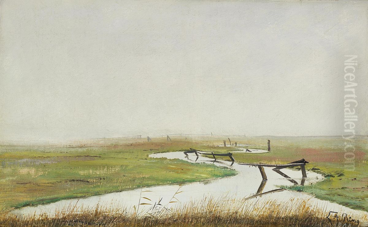 A foggy day in autumn. A stream running through the meadow. Oil Painting by Laurits Andersen Ring