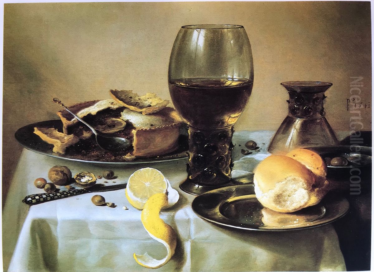 Still life with roemer, upturned berkemeyer, pie, spoon, knife, bread and lemon Oil Painting by Pieter Claesz
