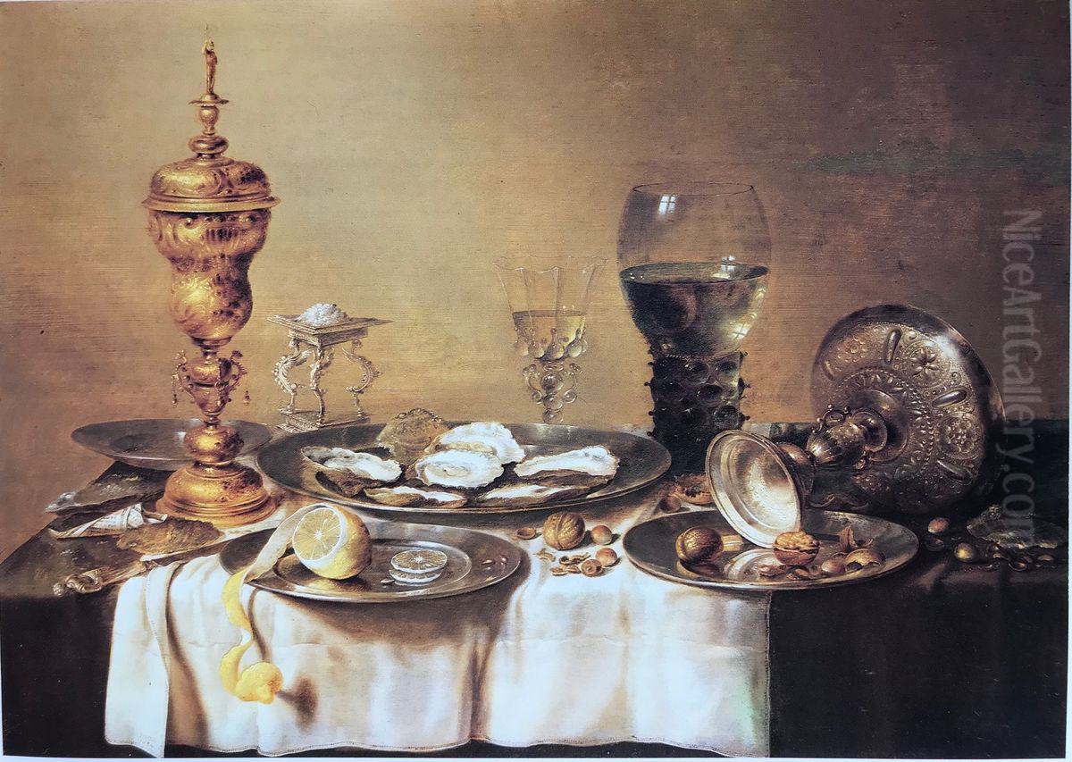 Still life with columbine cup, tazza, salt cellar, roemer, oysters and lemon Oil Painting by Willem Claesz. Heda