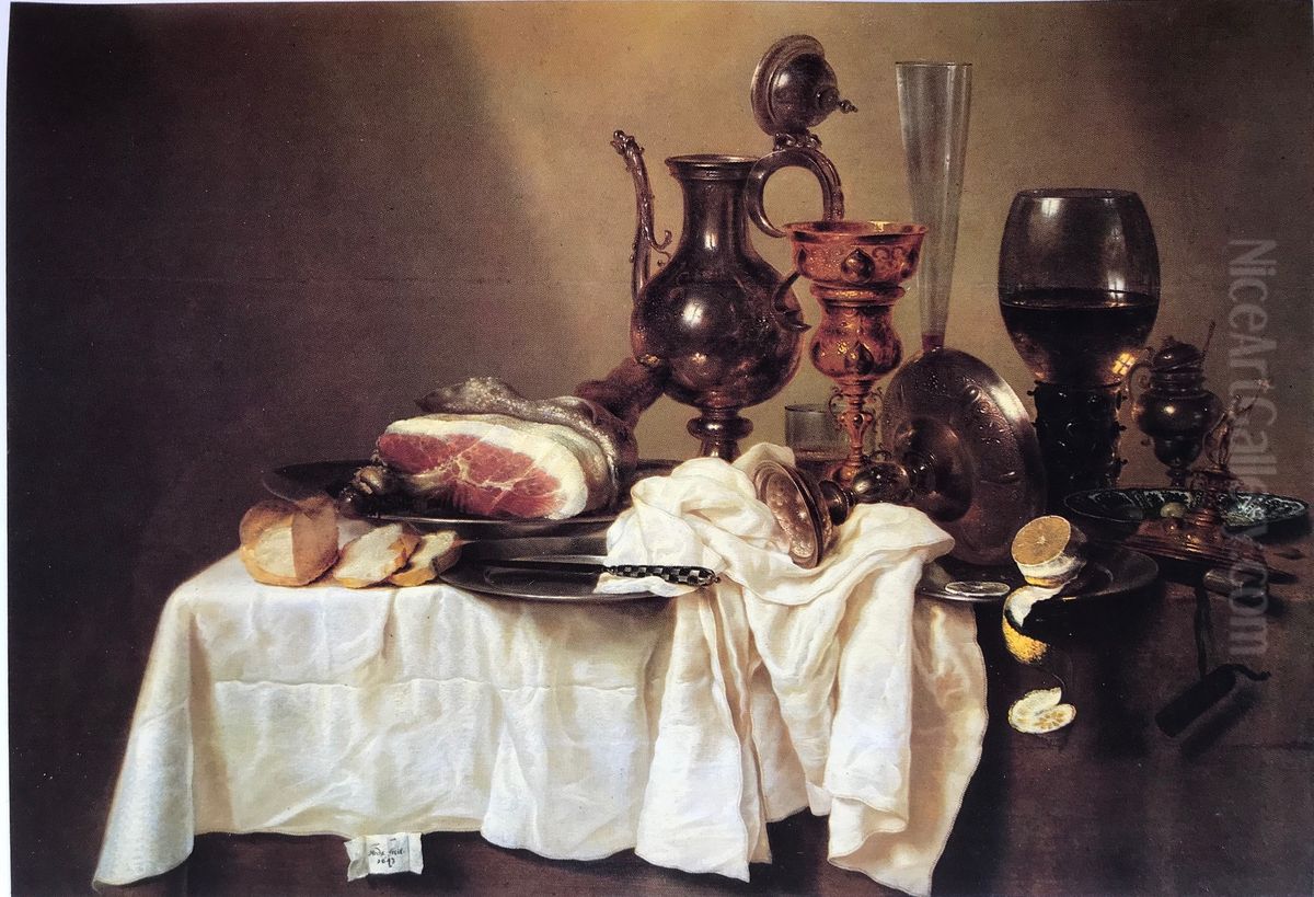 Still life with decanter and ham signed on the tablecloth Oil Painting by Willem Claesz. Heda