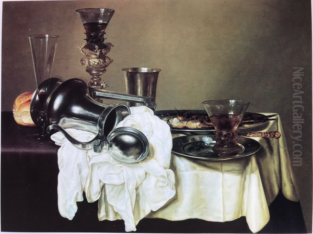 Fish still life with Jan Steen pitcher, goblet holder and glassware Oil Painting by Gerret Willemsz Heda