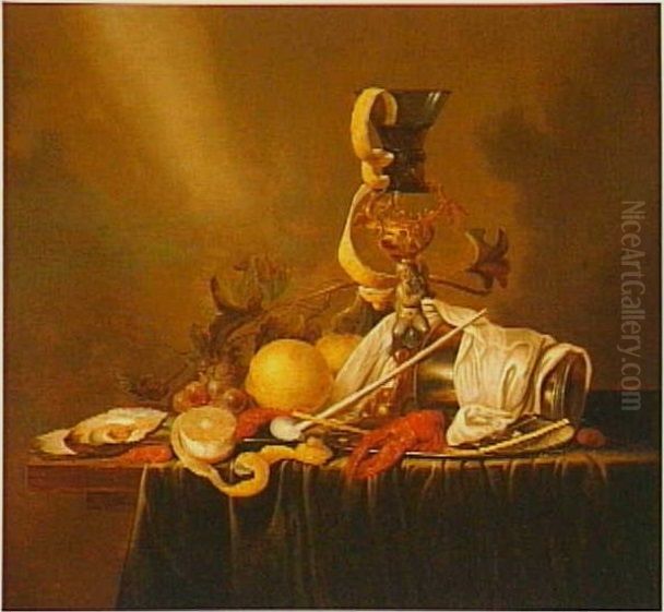 Still life with goblet holder, berkemeyer, silver beaker, shellfish and fruit Oil Painting by Jan Davidsz. De Heem